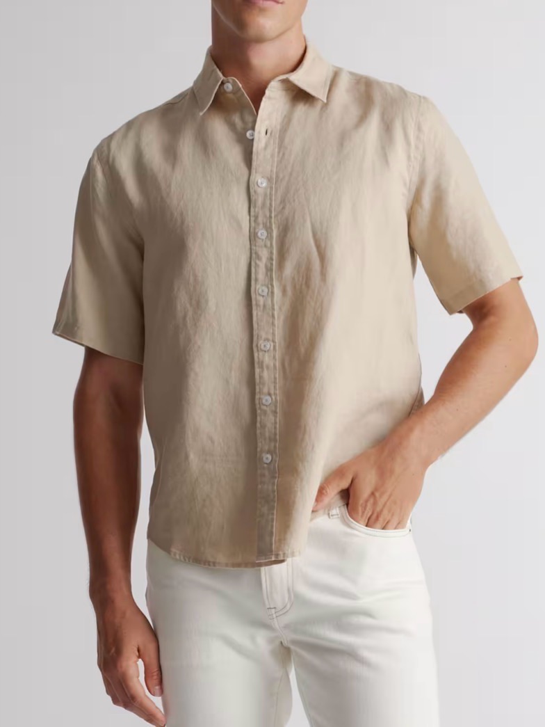 Quince Mens 100% European Linen Short Sleeve Button Up, Size Small. Driftwood